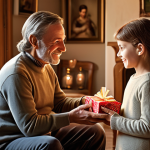 ** A cozy, domestic scene depicting a parent giving a modest gift (perhaps jewelry or a small sum of money) to their adult child. The setting is a comfortable French home. The image should evoke a feeling of familial generosity and financial support. Consider warm, inviting lighting.

**