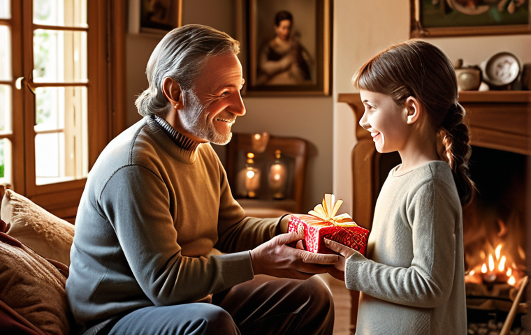 ** A cozy, domestic scene depicting a parent giving a modest gift (perhaps jewelry or a small sum of money) to their adult child. The setting is a comfortable French home. The image should evoke a feeling of familial generosity and financial support. Consider warm, inviting lighting.
**