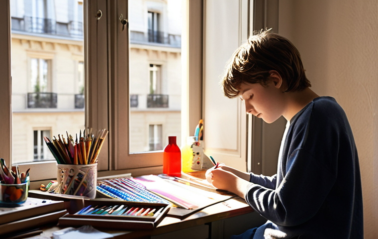 **
> A young student in a Parisian apartment, looking relieved and focused on their art supplies. Sunlight streams through the window. Emphasize the feeling of financial relief and the ability to focus on studies.
**