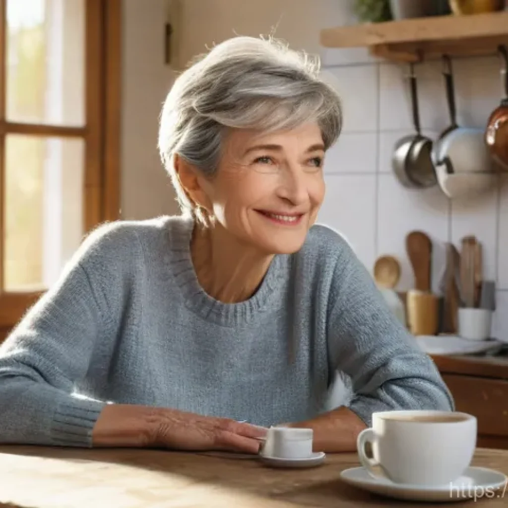 지방세 환급 신청 방법 - **Prompt: "A contented French woman in her late 50s, with short, styled silver hair, sits at a rusti...