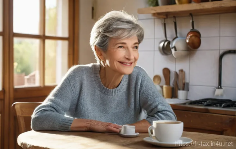 지방세 환급 신청 방법 - **Prompt: "A contented French woman in her late 50s, with short, styled silver hair, sits at a rusti...