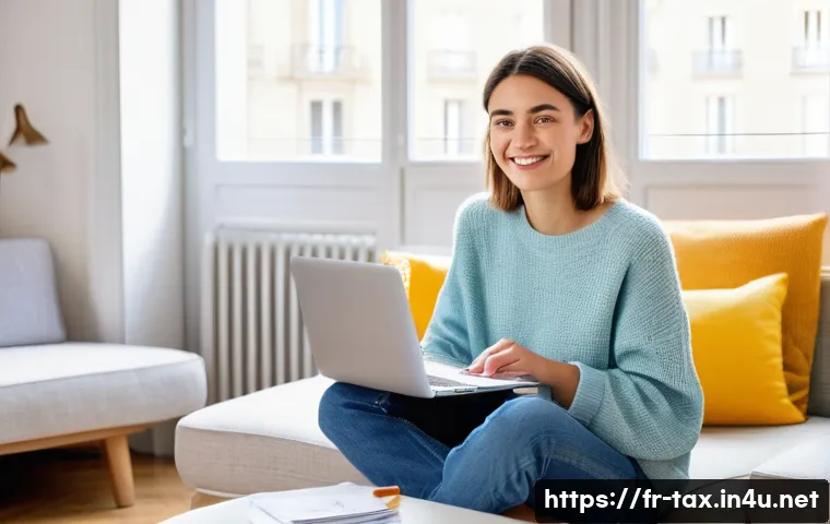 세금 계산 자동화 서비스 - **Prompt:** A young French woman in her late 20s, with a relaxed and joyful expression, sitting comf...