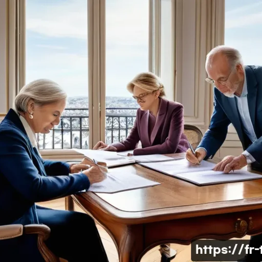 상속세 절세 전략 - A professional French notary office setting with a middle-aged couple and their adult children gathe...