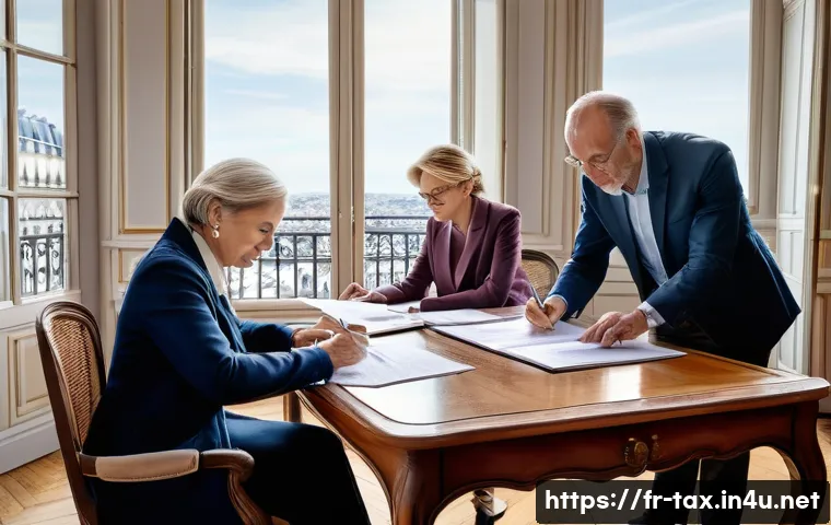 상속세 절세 전략 - A professional French notary office setting with a middle-aged couple and their adult children gathe...