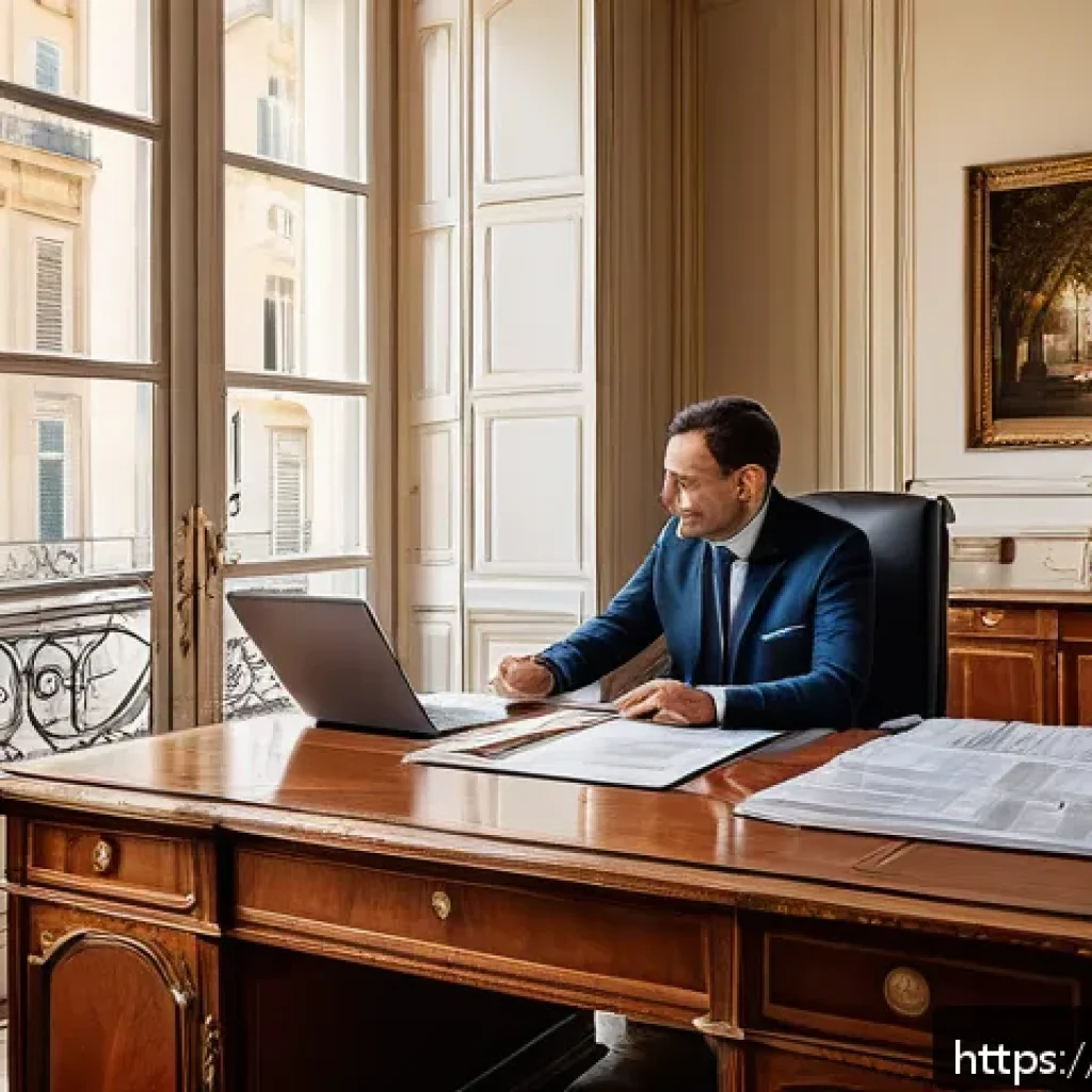 외국인 소득세 신고 요령 - An elegant French tax advisor’s office interior, featuring a sophisticated wooden desk cluttered wit...