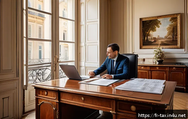외국인 소득세 신고 요령 - An elegant French tax advisor’s office interior, featuring a sophisticated wooden desk cluttered wit...