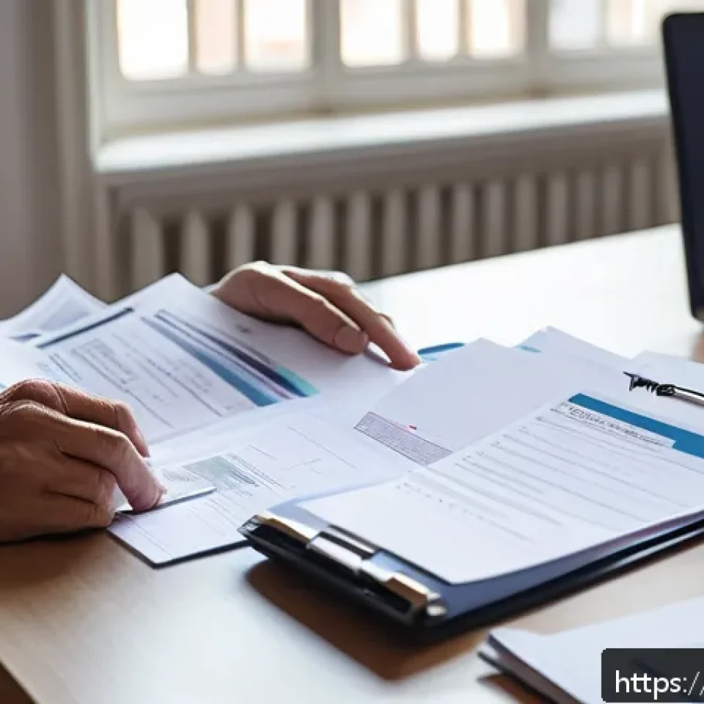세금 환급 가능한 의료비 - A well-organized home office scene showing a middle-aged French person carefully sorting and filing ...