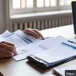 세금 환급 가능한 의료비 - A well-organized home office scene showing a middle-aged French person carefully sorting and filing ...