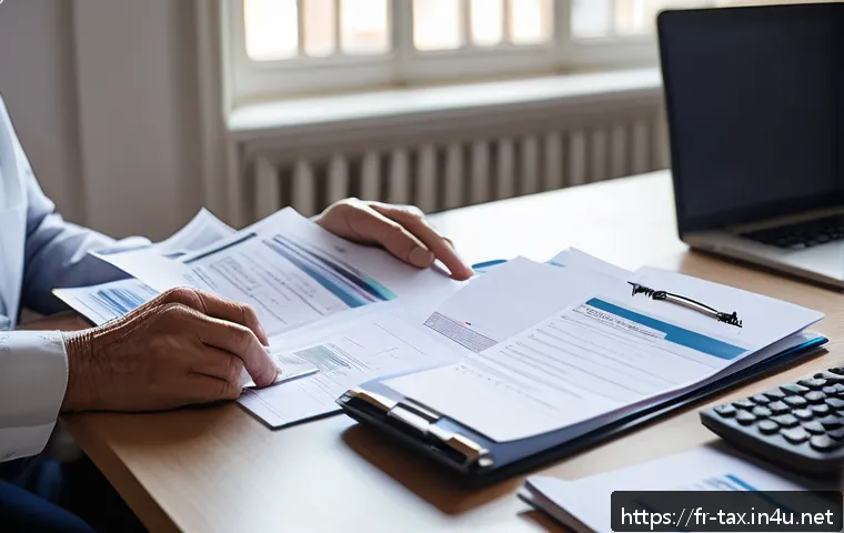 세금 환급 가능한 의료비 - A well-organized home office scene showing a middle-aged French person carefully sorting and filing ...