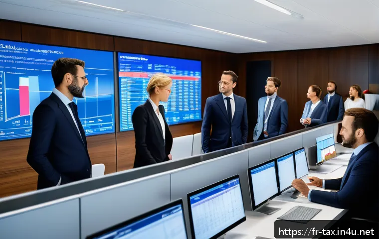 법인세율 변화 추이 - A modern French corporate office environment in 2024, showing diverse business professionals in form...