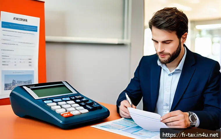중고차 거래 시 세금 - A detailed scene of a French car buyer at a regional prefecture office, examining documents related ...